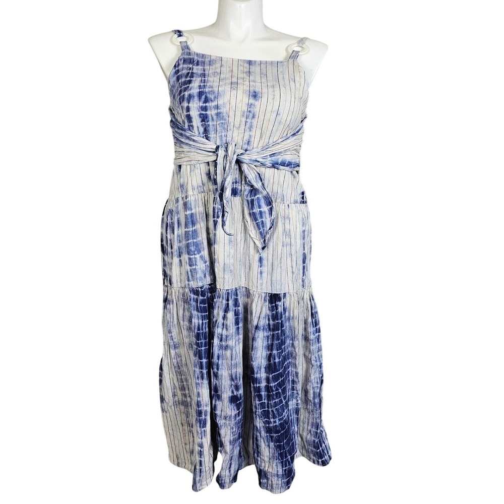 Angie Blue White Tie Dye Maxi Sundress Boho Festival Resort Wear Cotton Dress L